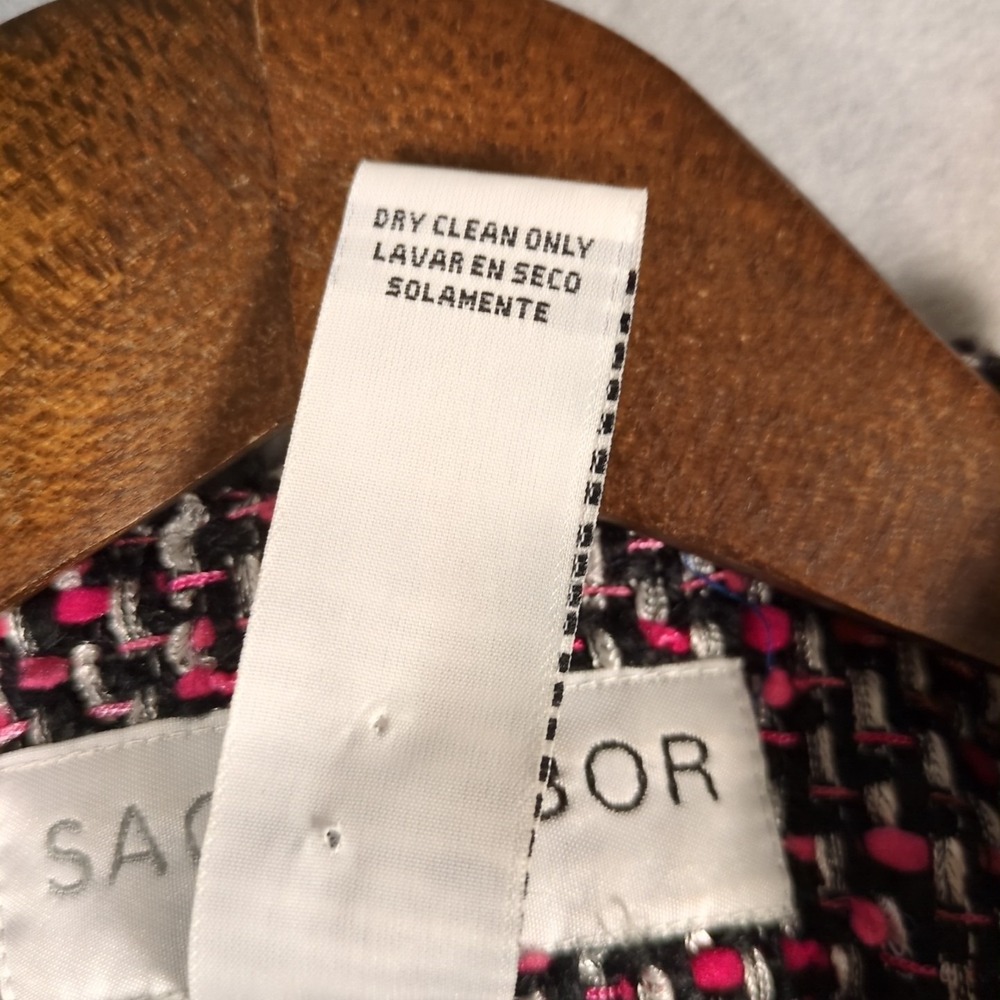 Sag Harbor Womens SZ 8 PETITE Pink White Black Tweed Blazer Fringe Hook & Eye - Picture 4 of 6